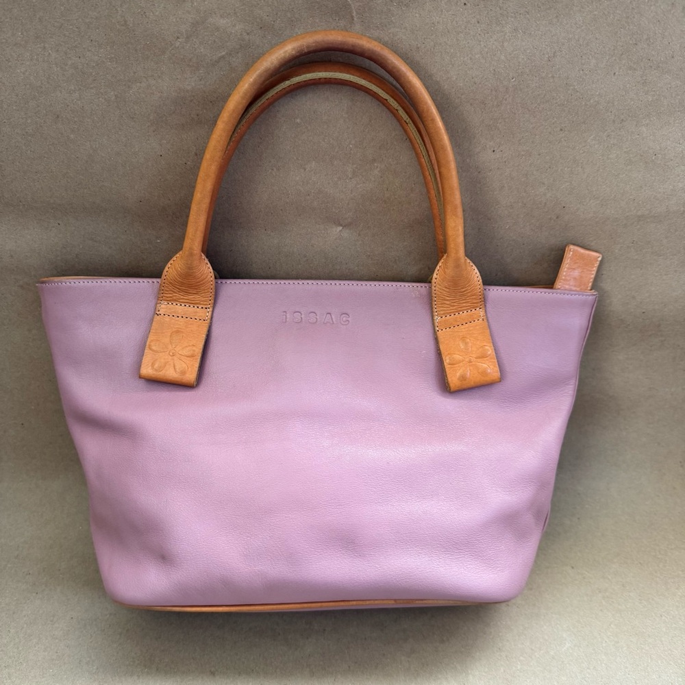 iSAAC Purplish Pink and Brown Leather Handbag. 13” by 8” by 4”
